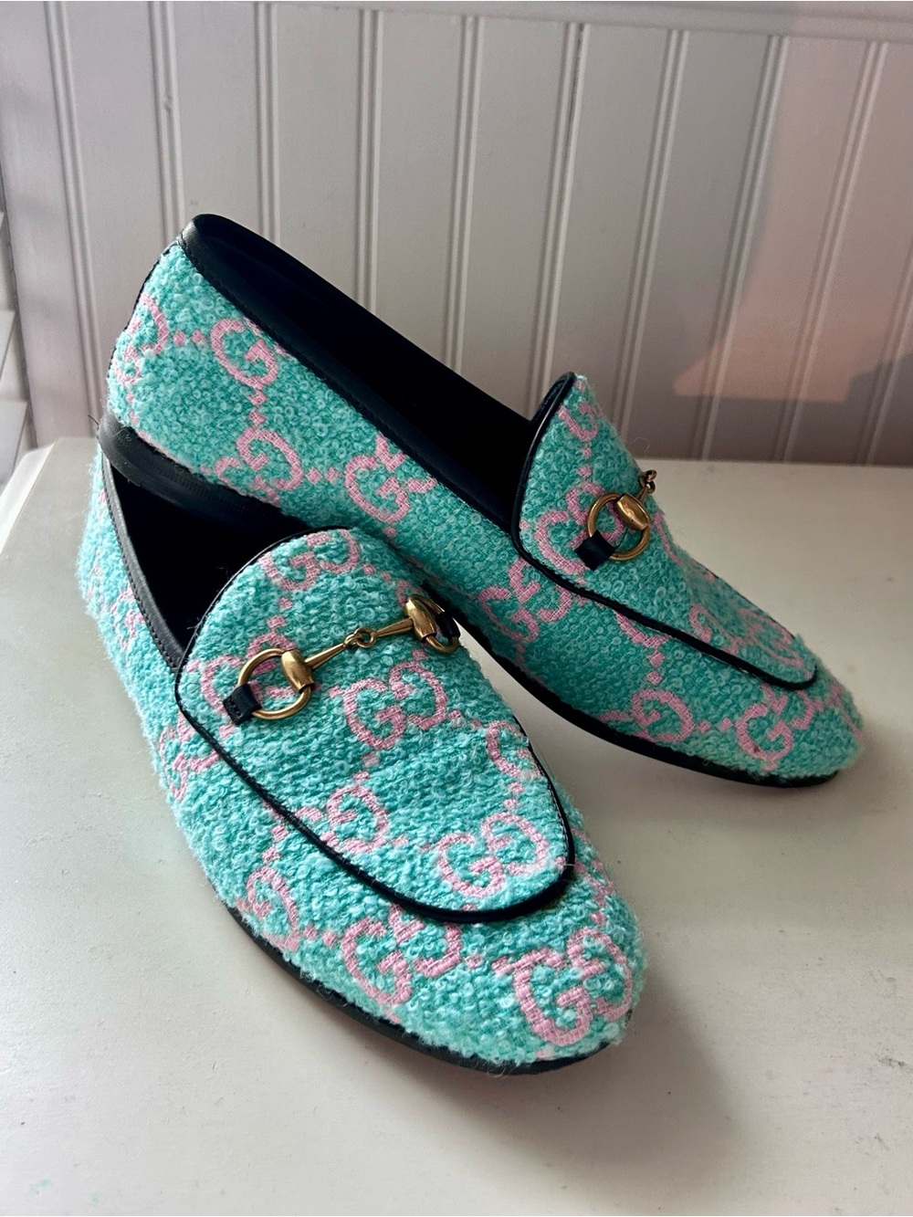 Gucci Turquoise & Pink GG Horsebit Loafers